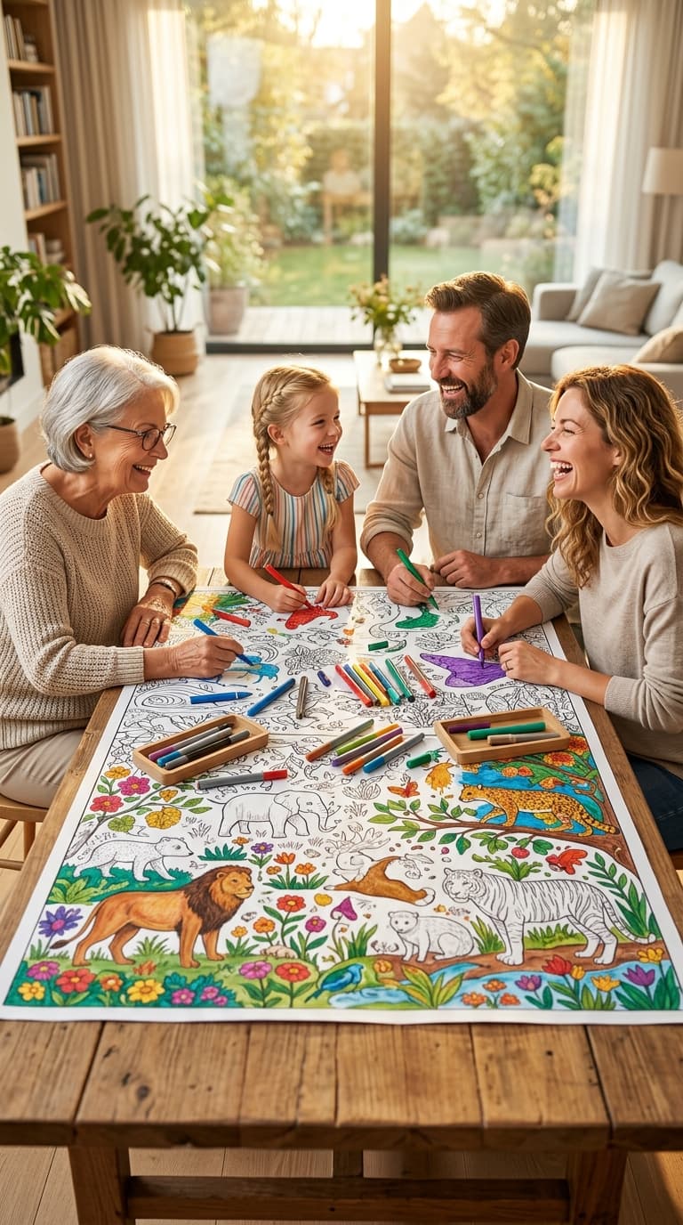 Une famille qui colorie ensemble sur une nappe ColorVora